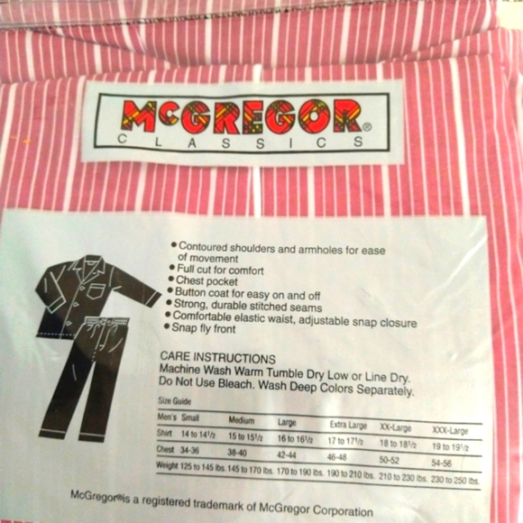 Vintage 1980's Mc Gregor Classics Pajama Set Shirt and Pants Size Small NWT - Picture 5 of 7